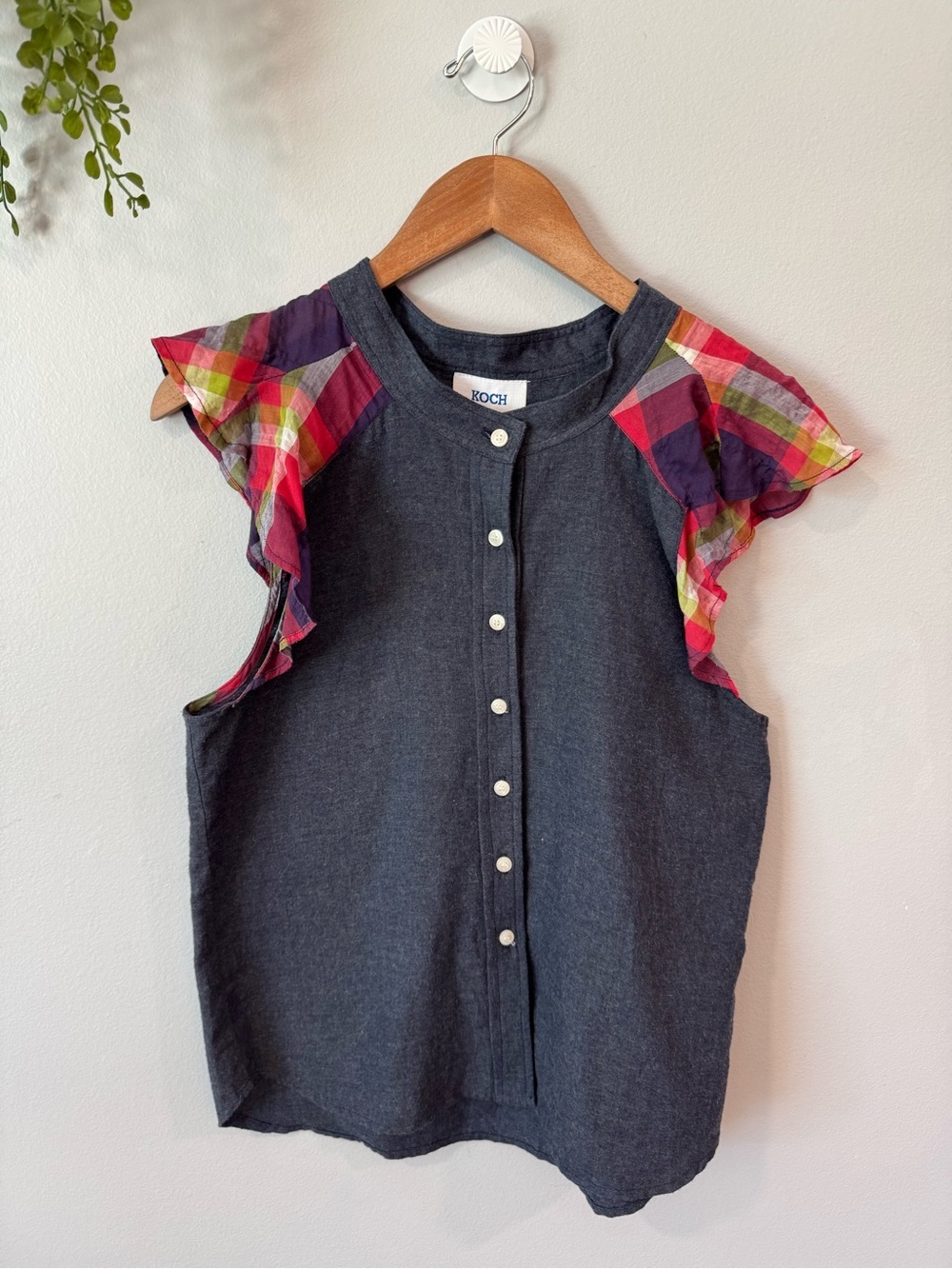 KOCH Gray Button-Front Top with Plaid Ruffle Sleeves